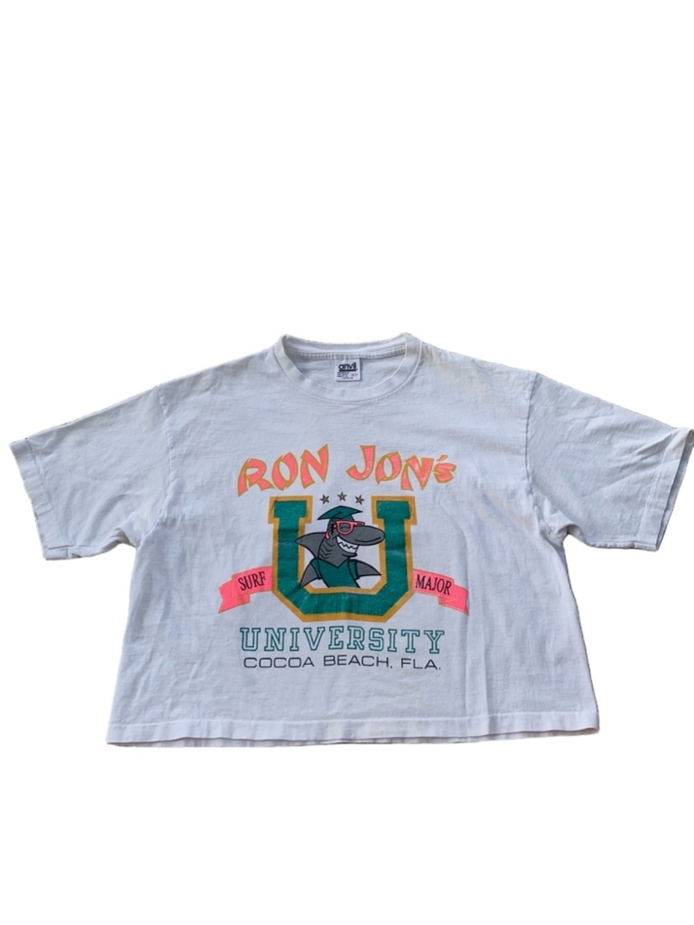 Vintage 80s Anvil Ron Jon University Surf Shark Single Stitch Crop Beach Tee
